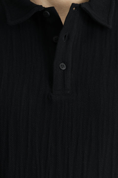 Siyah Polo Yaka Regular Fit Desenli Pamuk Tişört