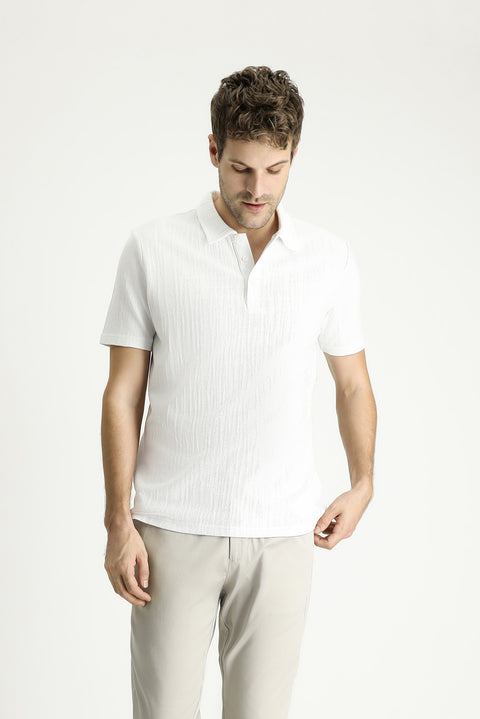 Beyaz Polo Yaka Regular Fit Desenli Pamuk Tişört