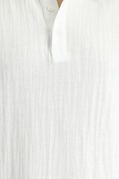 Beyaz Polo Yaka Regular Fit Desenli Pamuk Tişört