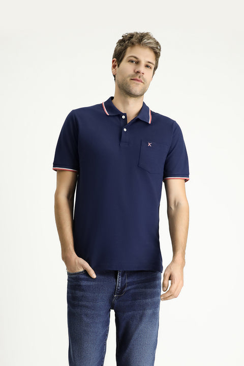 Medium Navy Regular Fit Patterned Embroidered Cotton Polo Shirt