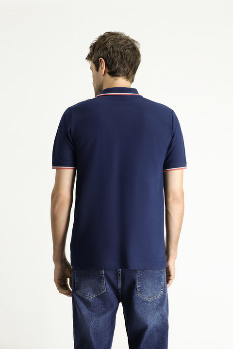 Medium Navy Regular Fit Patterned Embroidered Cotton Polo Shirt