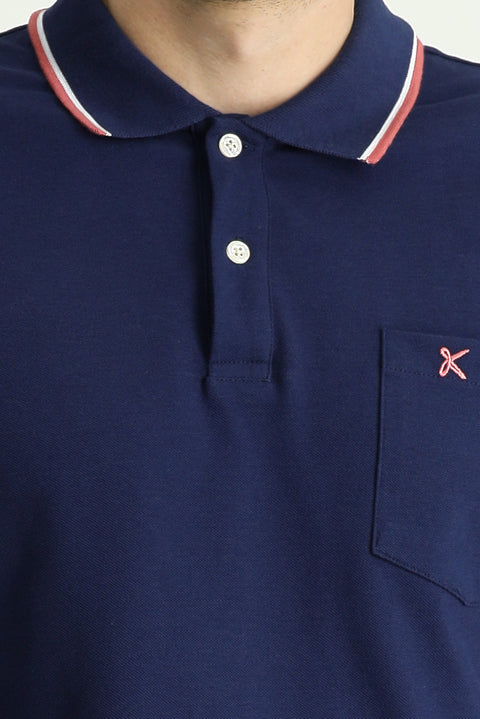 Medium Navy Regular Fit Patterned Embroidered Cotton Polo Shirt