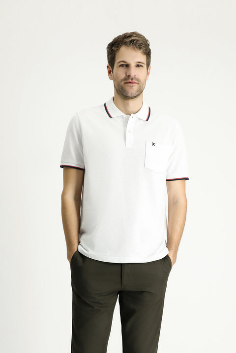 White Regular Fit Patterned Embroidered Cotton Polo Shirt