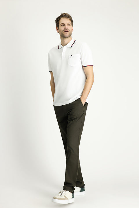 White Regular Fit Patterned Embroidered Cotton Polo Shirt