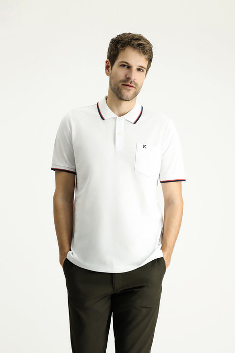 White Regular Fit Patterned Embroidered Cotton Polo Shirt
