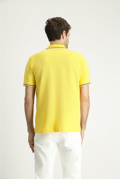 Light Yellow Regular Fit Patterned Embroidered Cotton Polo Shirt