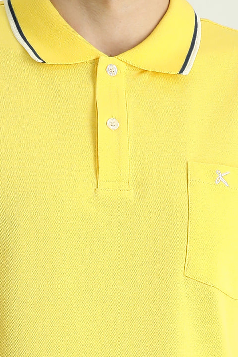 Light Yellow Regular Fit Patterned Embroidered Cotton Polo Shirt
