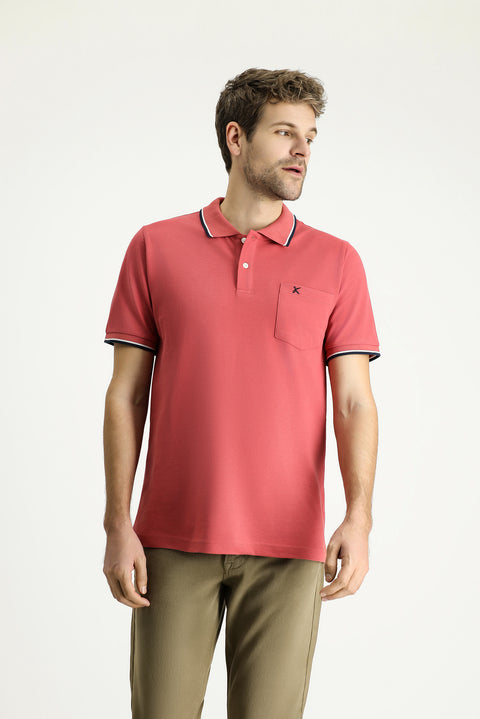 Light Red Regular Fit Patterned Embroidered Cotton Polo Shirt