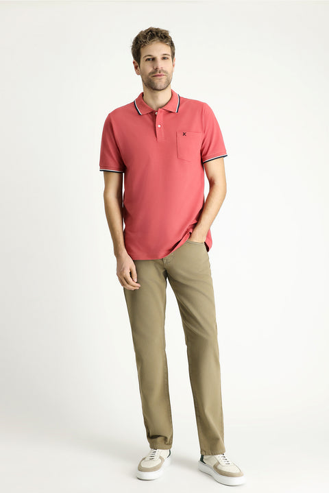 Light Red Regular Fit Patterned Embroidered Cotton Polo Shirt