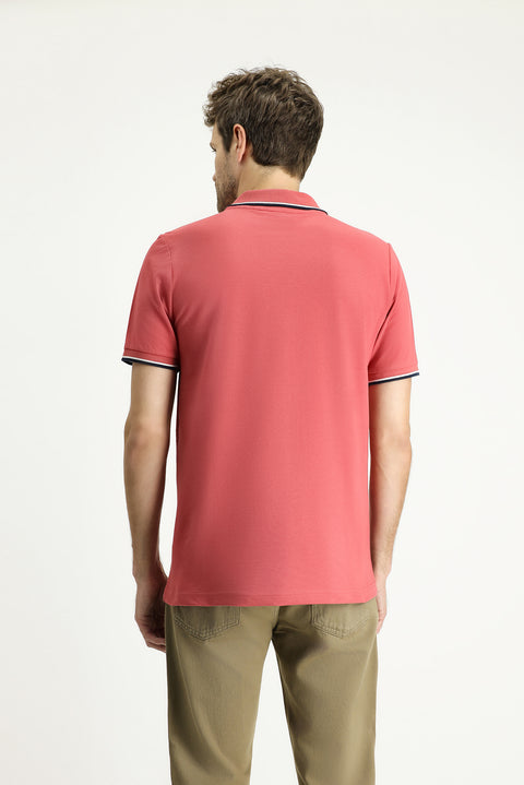 Light Red Regular Fit Patterned Embroidered Cotton Polo Shirt