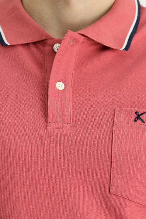 Light Red Regular Fit Patterned Embroidered Cotton Polo Shirt