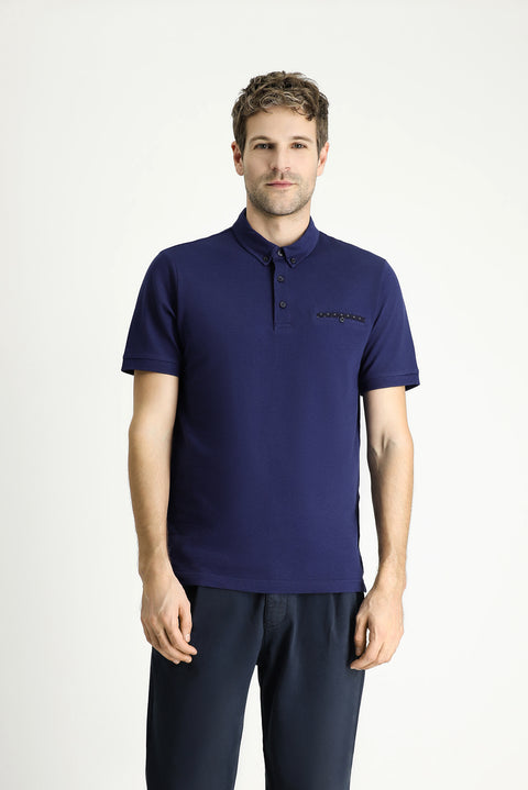 Orta Lacivert Polo Yaka Regular Fit Desenli Pamuk Tişört