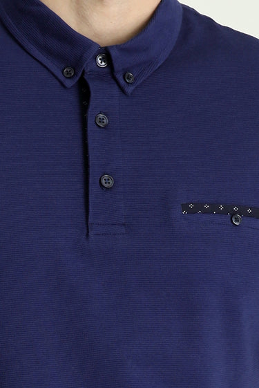Orta Lacivert Polo Yaka Regular Fit Desenli Pamuk Tişört