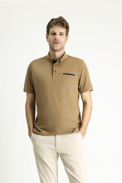 Orta Kahve Polo Yaka Regular Fit Desenli Pamuk Tişört