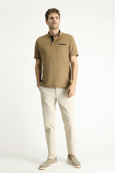 Orta Kahve Polo Yaka Regular Fit Desenli Pamuk Tişört