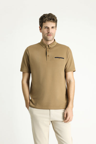 Orta Kahve Polo Yaka Regular Fit Desenli Pamuk Tişört