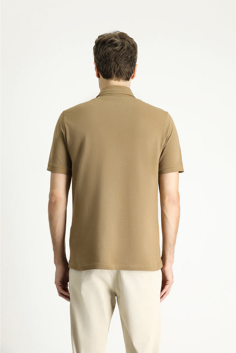 Orta Kahve Polo Yaka Regular Fit Desenli Pamuk Tişört