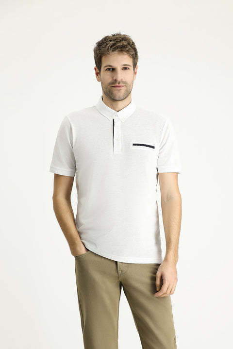 Beyaz Polo Yaka Regular Fit Desenli Pamuk Tişört