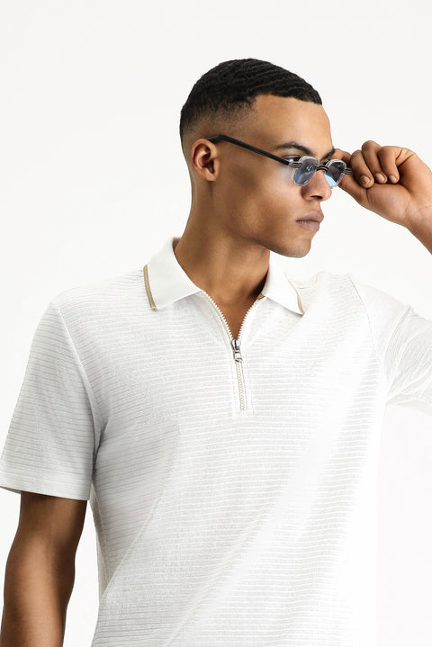 White Polo Collar Regular Fit Zip-Up Patterned Embroidered Cotton T-Shirt