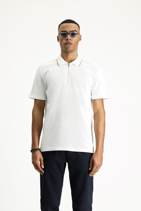 White Polo Collar Regular Fit Zip-Up Patterned Embroidered Cotton T-Shirt