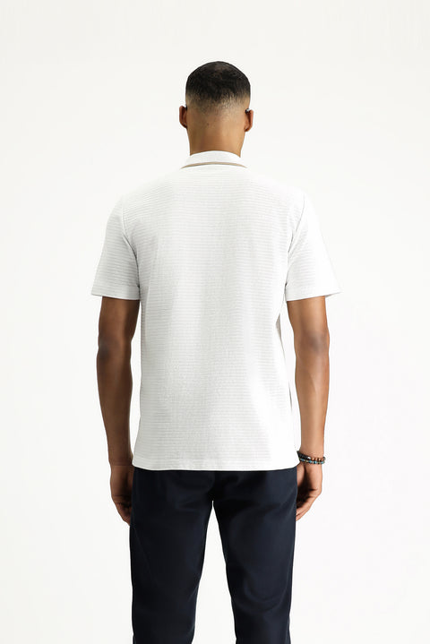 White Polo Collar Regular Fit Zip-Up Patterned Embroidered Cotton T-Shirt