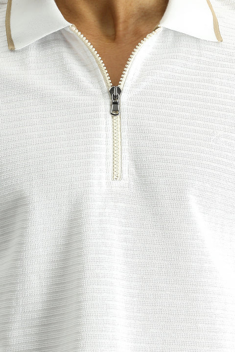 White Polo Collar Regular Fit Zip-Up Patterned Embroidered Cotton T-Shirt