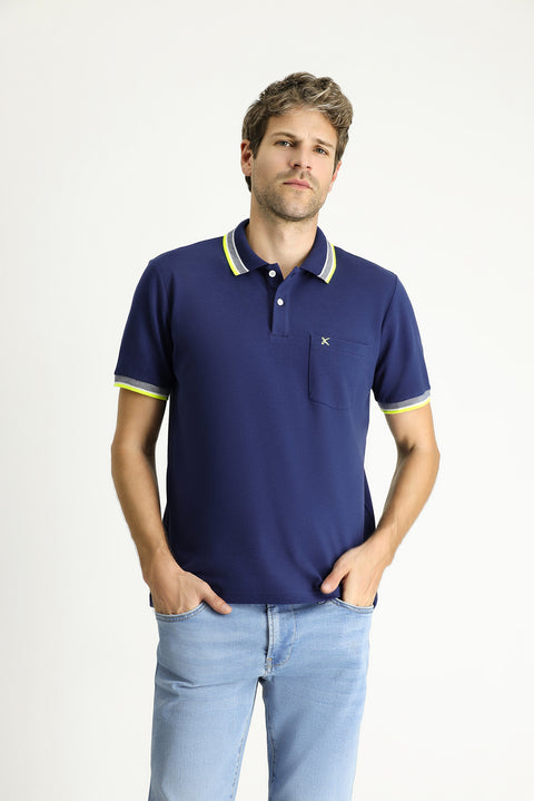 Orta Lacivert Polo Yaka Regular Fit Desenli Nakışlı Pamuk Tişört