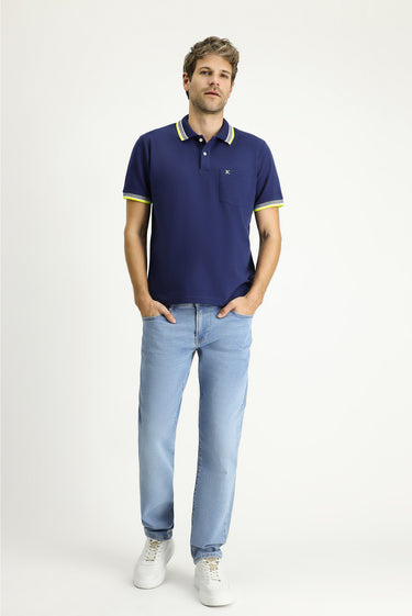 Orta Lacivert Polo Yaka Regular Fit Desenli Nakışlı Pamuk Tişört