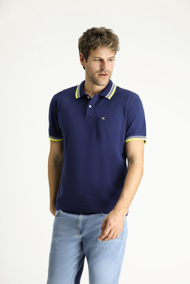 Orta Lacivert Polo Yaka Regular Fit Desenli Nakışlı Pamuk Tişört
