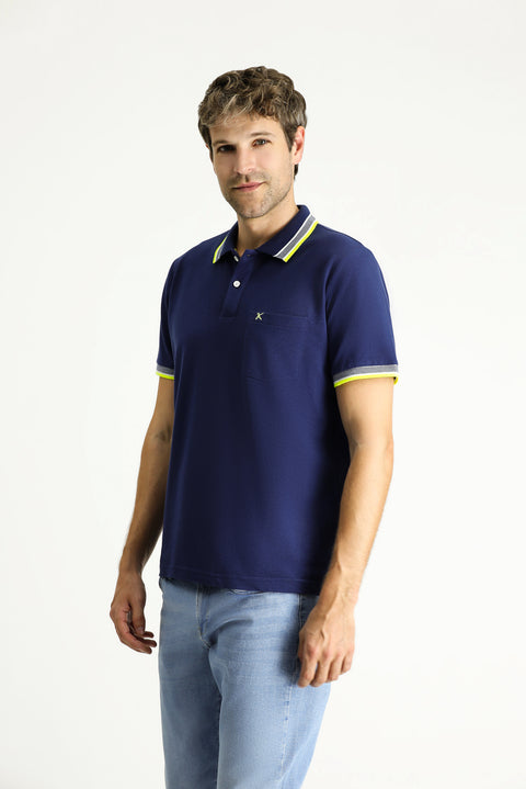 Orta Lacivert Polo Yaka Regular Fit Desenli Nakışlı Pamuk Tişört