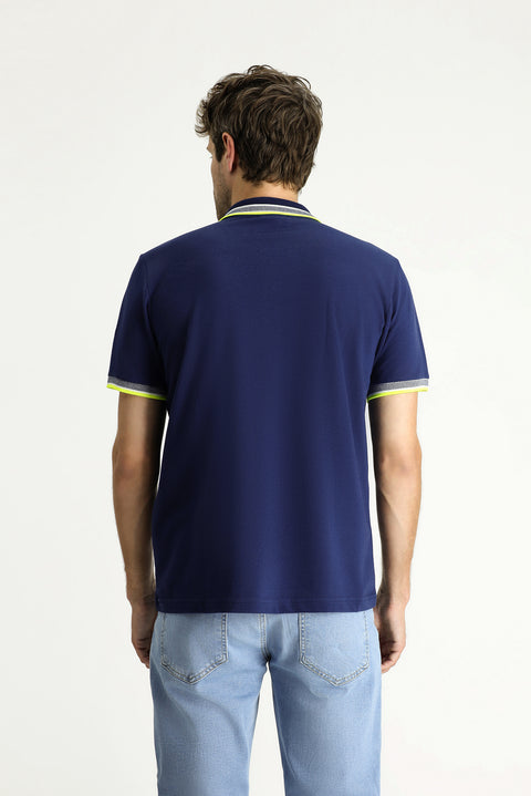 Orta Lacivert Polo Yaka Regular Fit Desenli Nakışlı Pamuk Tişört