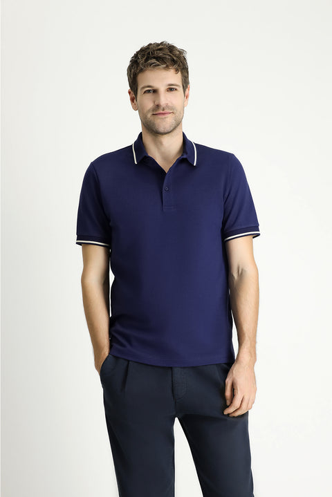 Orta Lacivert Polo Yaka Regular Fit Desenli Pamuklu Tişört