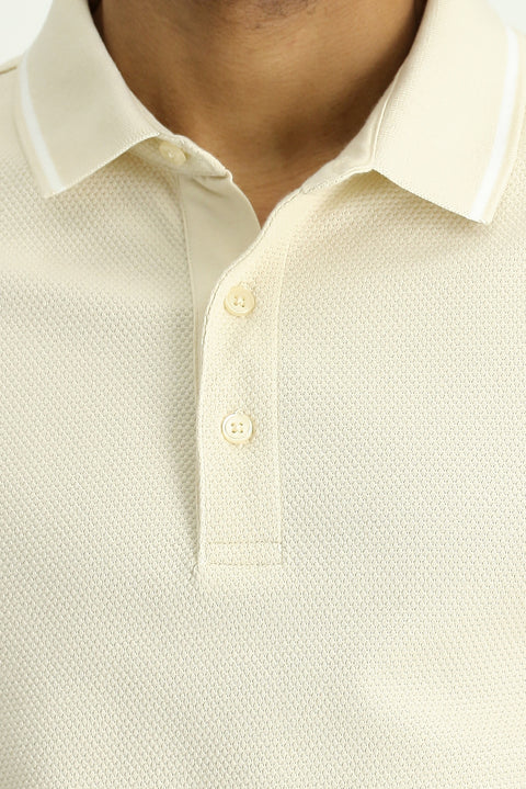 Açık Bej Polo Yaka Regular Fit Desenli Pamuklu Tişört