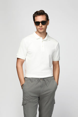  Ekru Polo Yaka Regular Fit Desenli Pamuklu Tişört