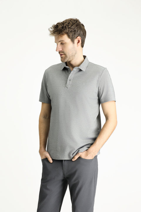 Orta Gri Polo Yaka Regular Fit Desenli Pamuklu Tişört