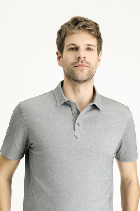 Orta Gri Polo Yaka Regular Fit Desenli Pamuklu Tişört