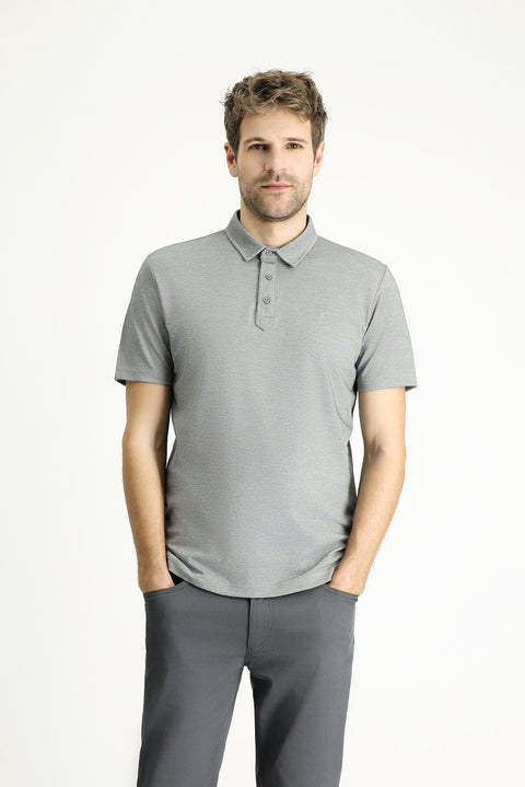 Orta Gri Polo Yaka Regular Fit Desenli Pamuklu Tişört