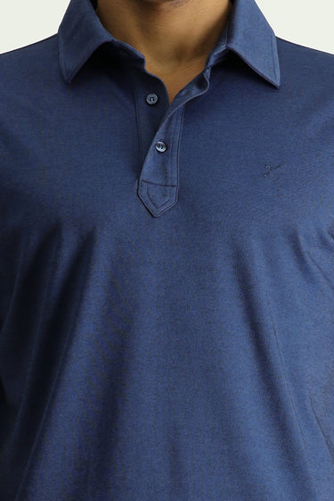 Orta Lacivert Melanj Polo Yaka Regular Fit Desenli Pamuklu Tişört