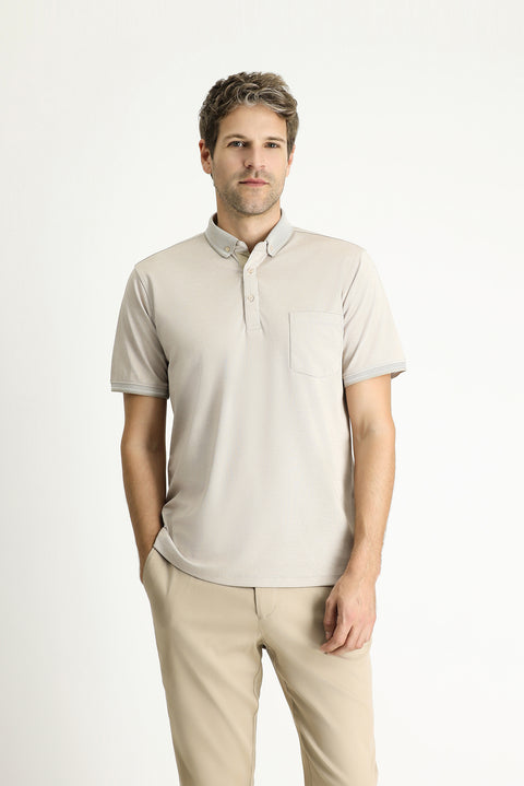 Orta Bej Polo Yaka Regular Fit Pamuklu Tişört