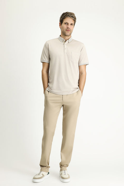 Orta Bej Polo Yaka Regular Fit Pamuklu Tişört