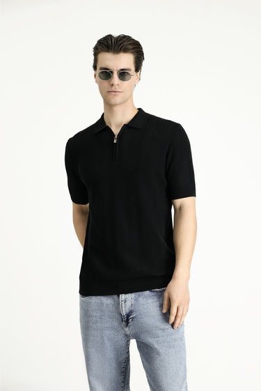 Siyah Polo Yaka Regular Fit Fermuarlı Desenli Pamuklu Tişört