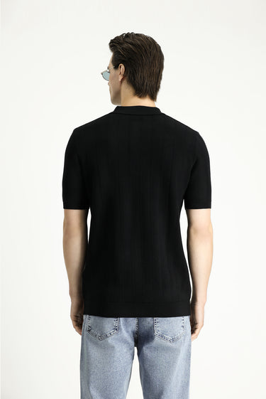 Siyah Polo Yaka Regular Fit Fermuarlı Desenli Pamuklu Tişört