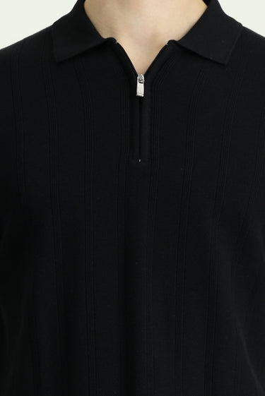 Siyah Polo Yaka Regular Fit Fermuarlı Desenli Pamuklu Tişört