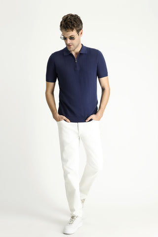  Siyah Lacivert Polo Yaka Regular Fit Fermuarlı Desenli Pamuklu Tişört