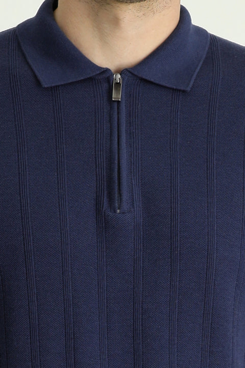 Siyah Lacivert Polo Yaka Regular Fit Fermuarlı Desenli Pamuklu Tişört