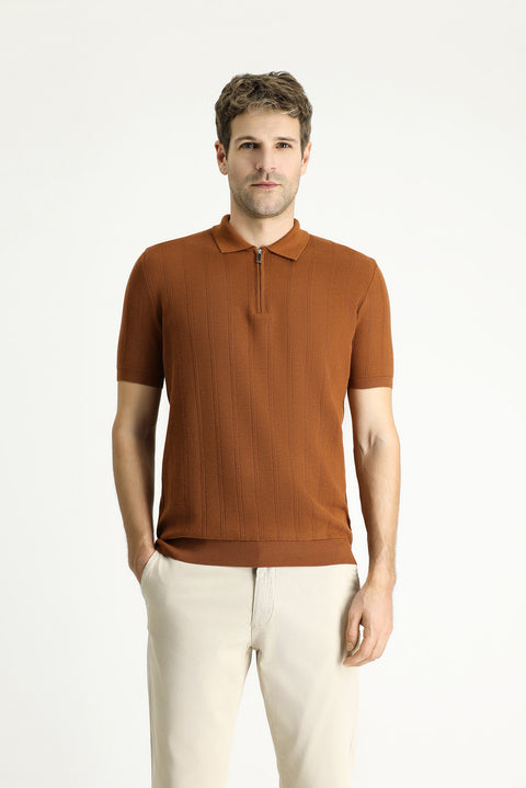 Açık Kahve  Polo Yaka Regular Fit Fermuarlı Desenli Pamuklu Tişört