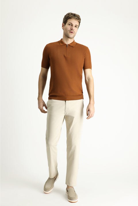 Açık Kahve  Polo Yaka Regular Fit Fermuarlı Desenli Pamuklu Tişört