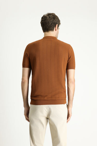 Açık Kahve  Polo Yaka Regular Fit Fermuarlı Desenli Pamuklu Tişört