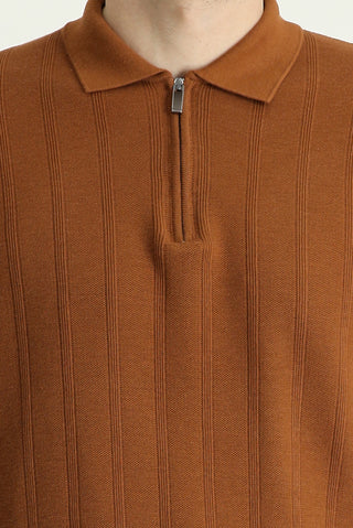  Açık Kahve  Polo Yaka Regular Fit Fermuarlı Desenli Pamuklu Tişört