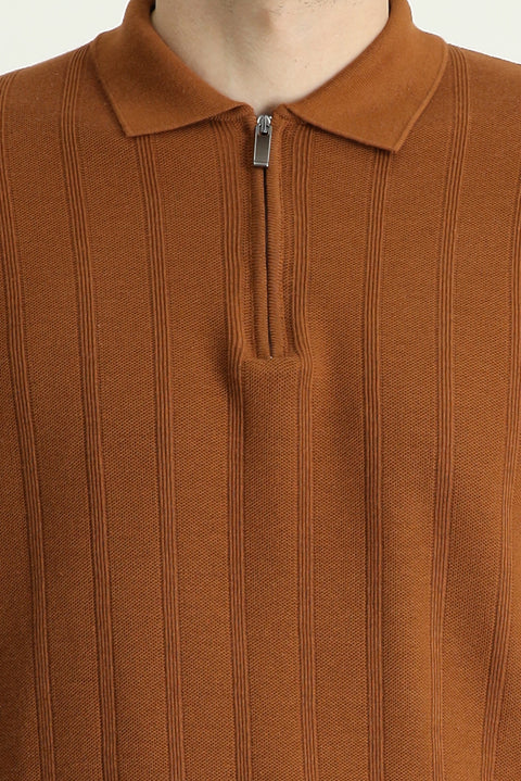 Açık Kahve  Polo Yaka Regular Fit Fermuarlı Desenli Pamuklu Tişört